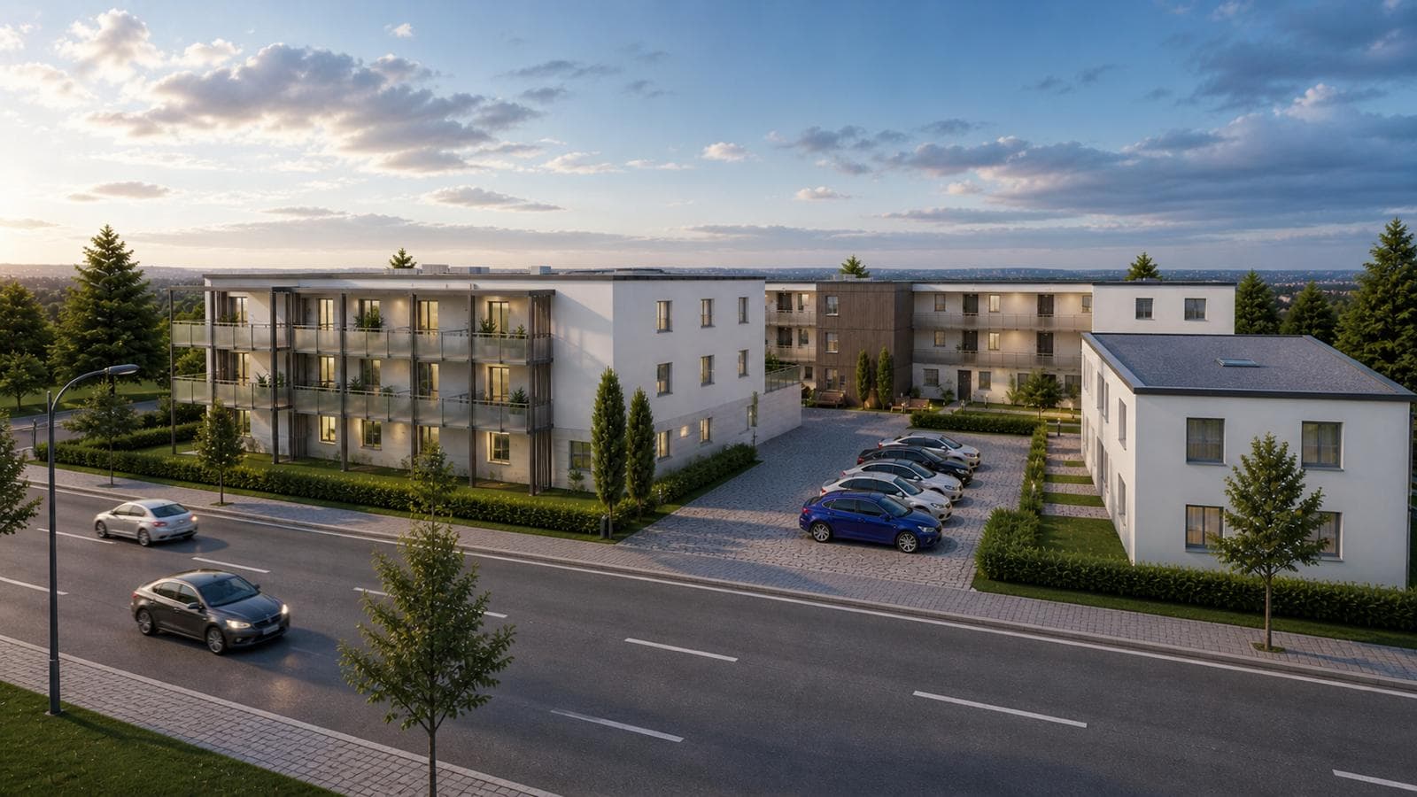 Aktuelles Bauprojekt im Vertrieb in der Abendansicht